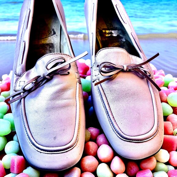 Amalfi Pale Pink Leather Loafer Flat Bow Moc Lacing Vtg 90's Womens 10 as is - Picture 3 of 15